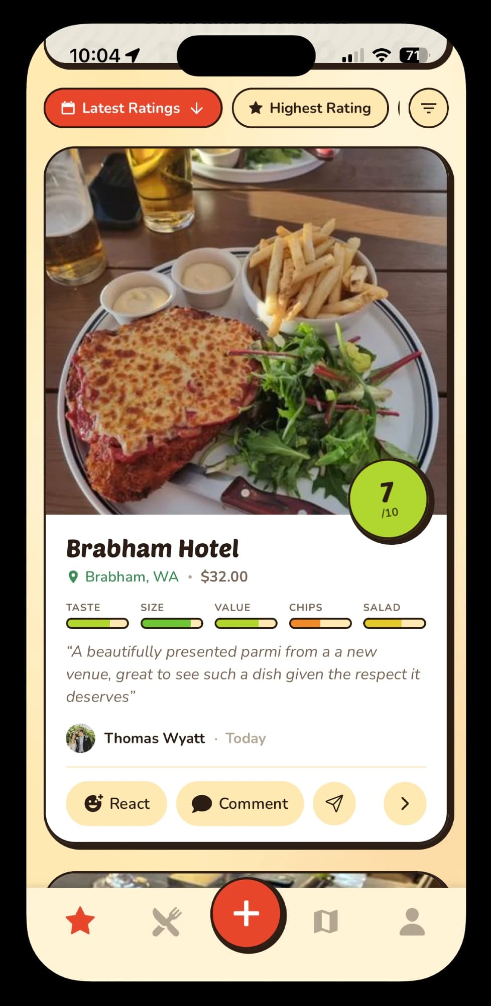 The Parm Rater feed, showing the latest parmigiana ratings