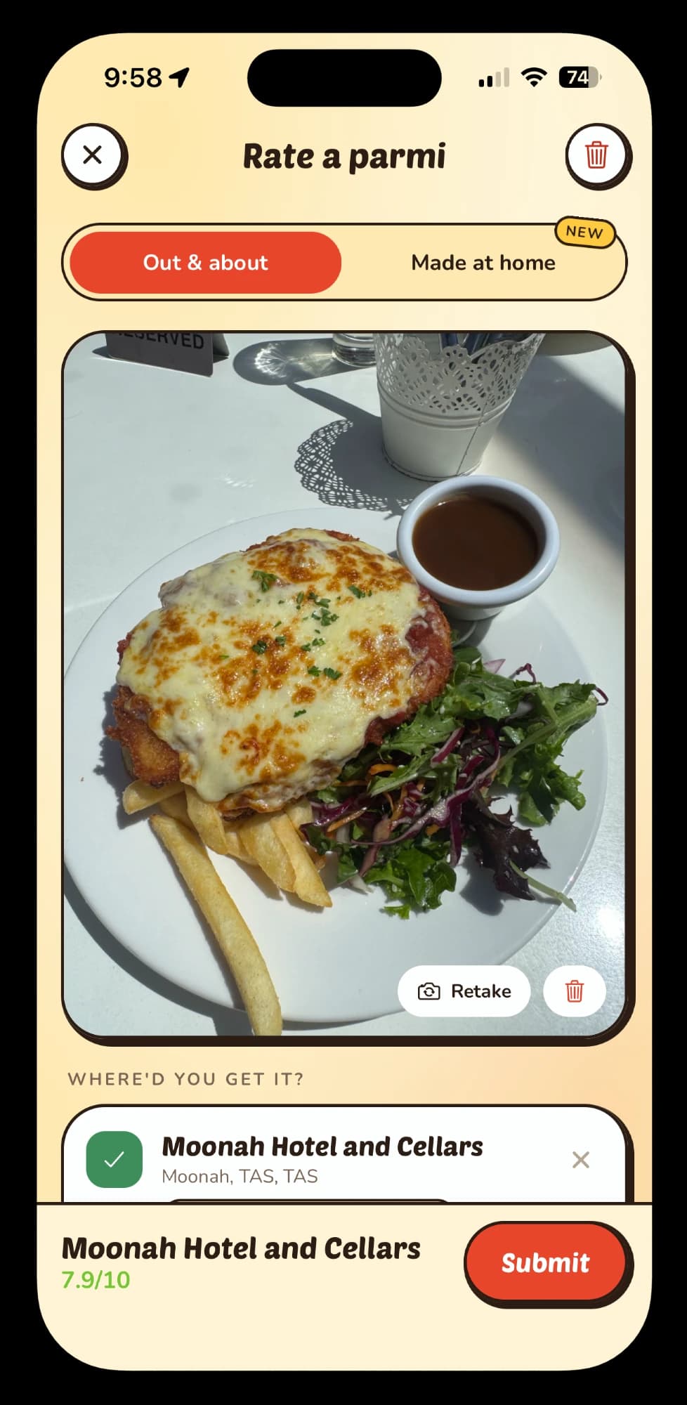 Rating a parmigiana in the Parm Rater app