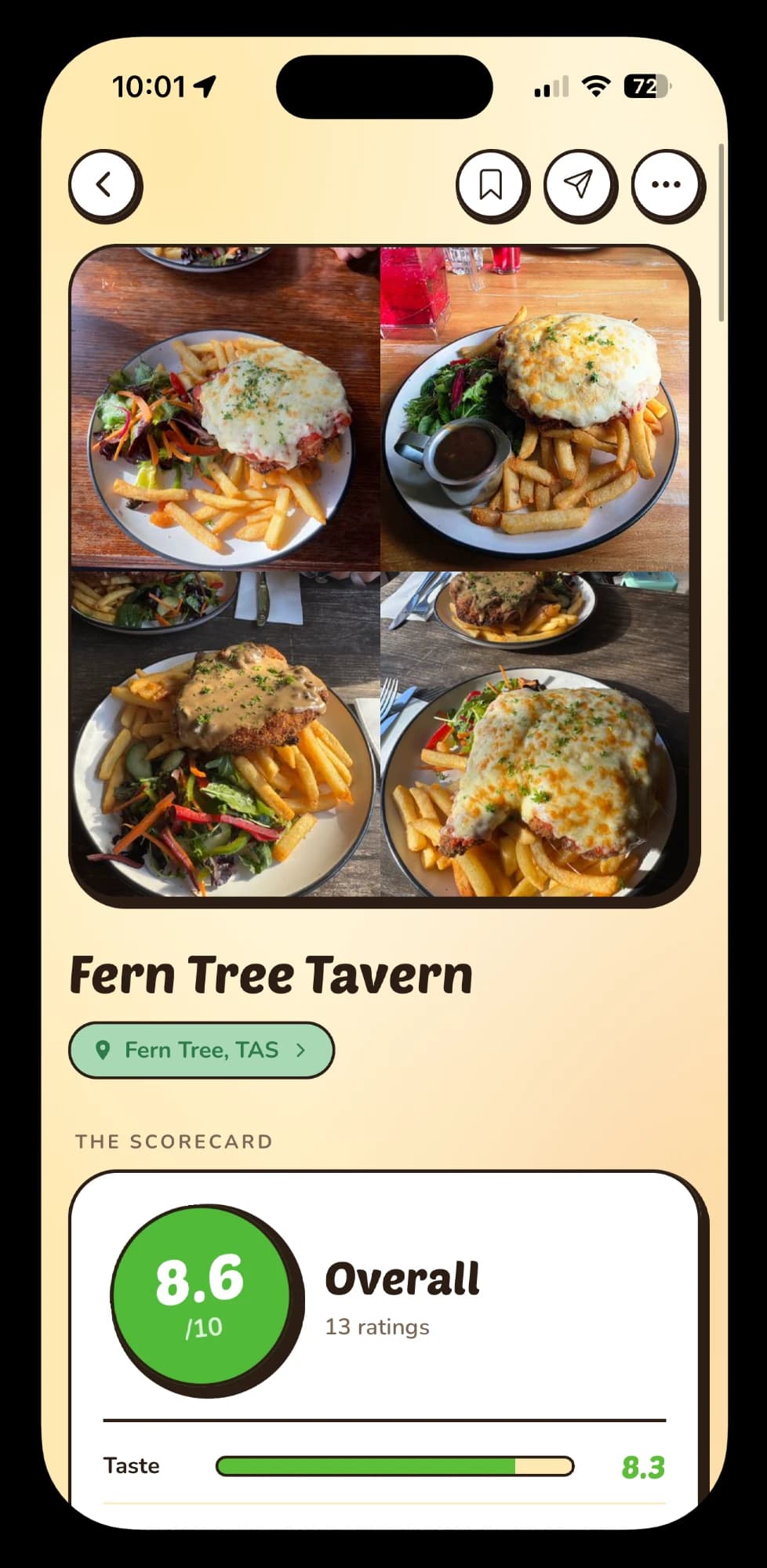 A venue scorecard for a top-rated parmigiana in the Parm Rater app